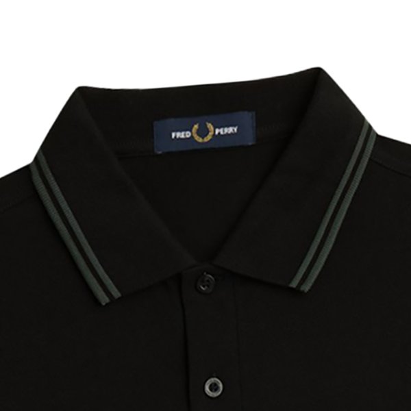 Fred Perry Polo Shirt Black w Green Stripes Mens