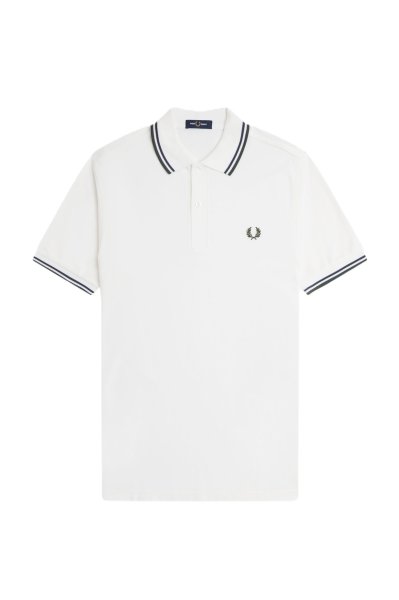 Fred Perry Polo Shirt White w Stripes Mens