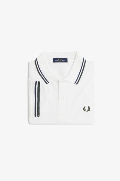 Fred Perry Polo Shirt White w Stripes Mens
